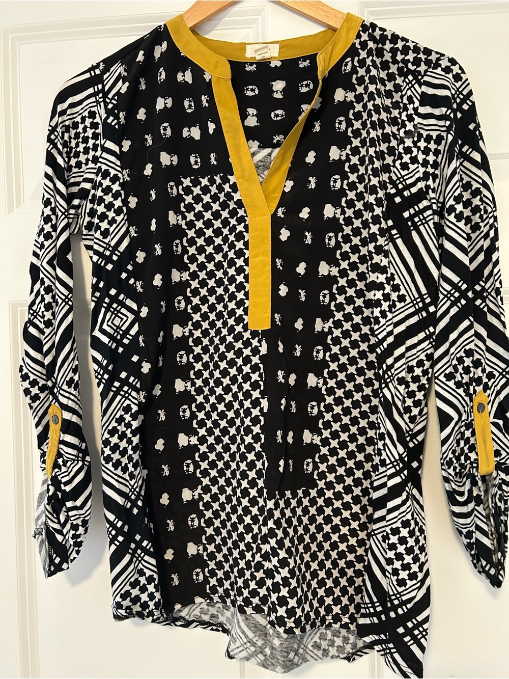 Anthropologie “Tiny” Black and White Printed Top with Mustard Trim